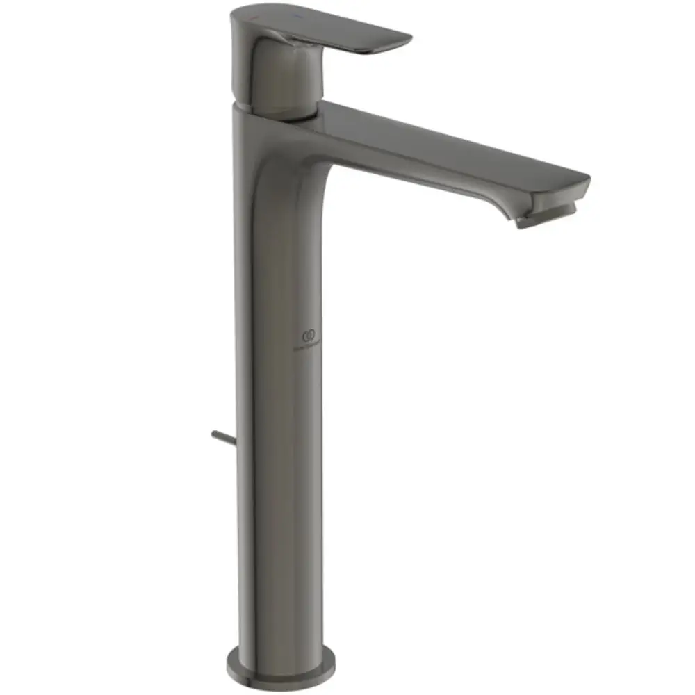 Waschbeckenarmatur aus der Serie Ideal Standard in einem schlichten Design, mit einem schlanken Auslauf und einem Hebel zur Temperatur- und Durchflussregelung in Magnetic Grey.